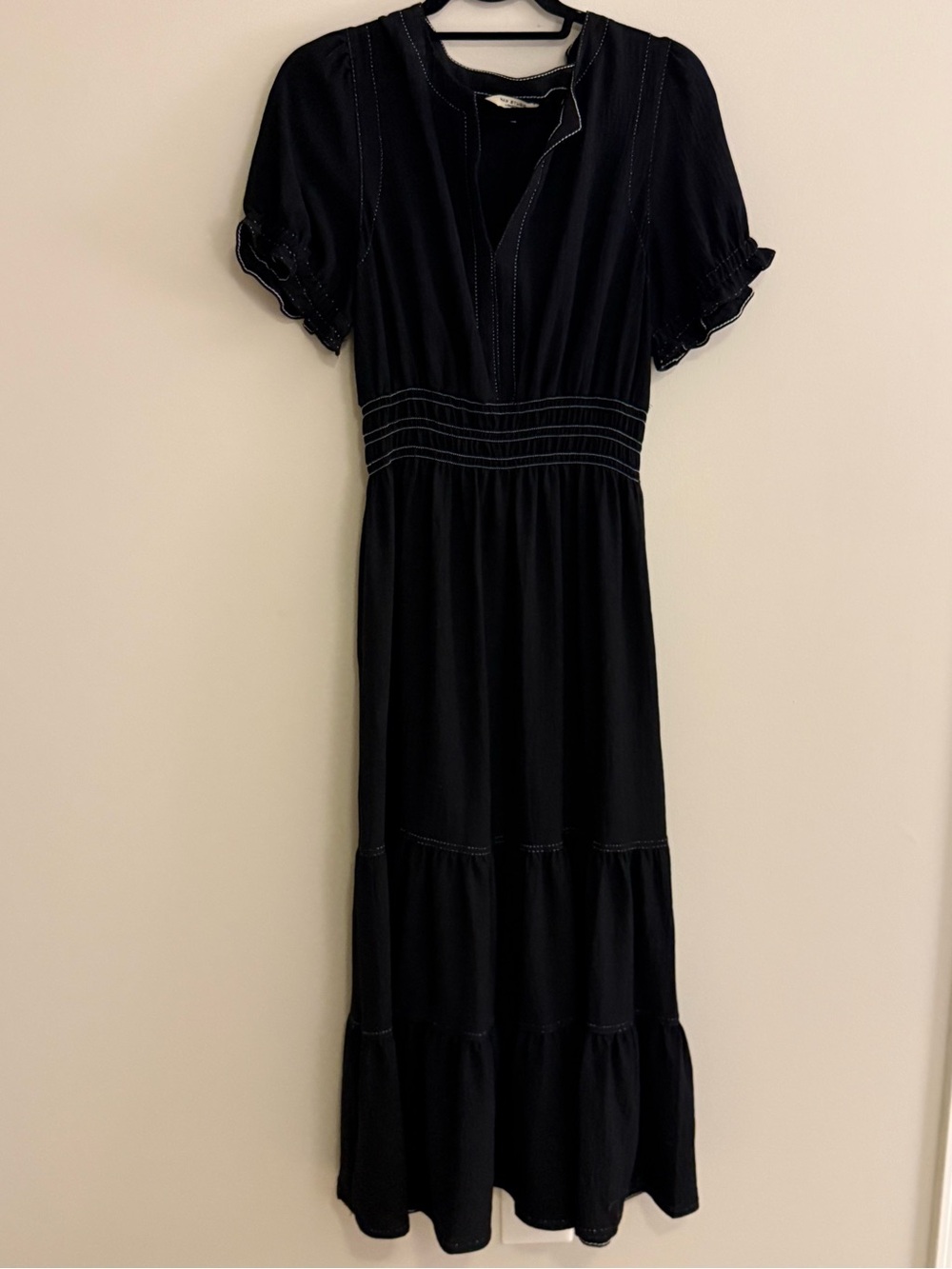 Max Studio Black Short-Sleeve Tiered Maxi with Smocked Waist